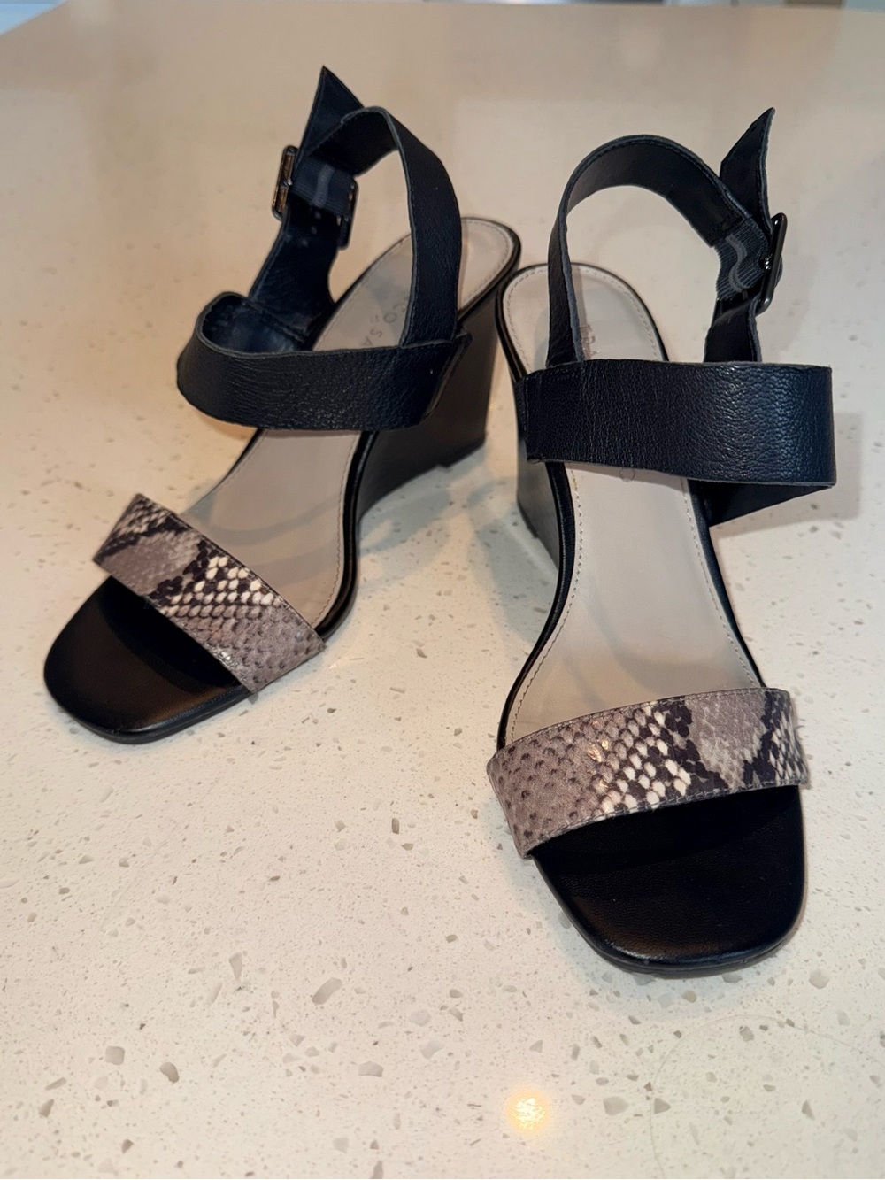 Black and Gray Snake-Print Wedge Sandals - Women